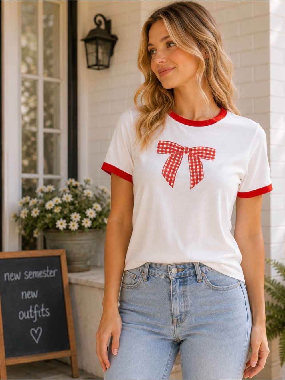 No Comment Coquette Bow Ringer Tee White Red Gingham Graphic Top NWT Large